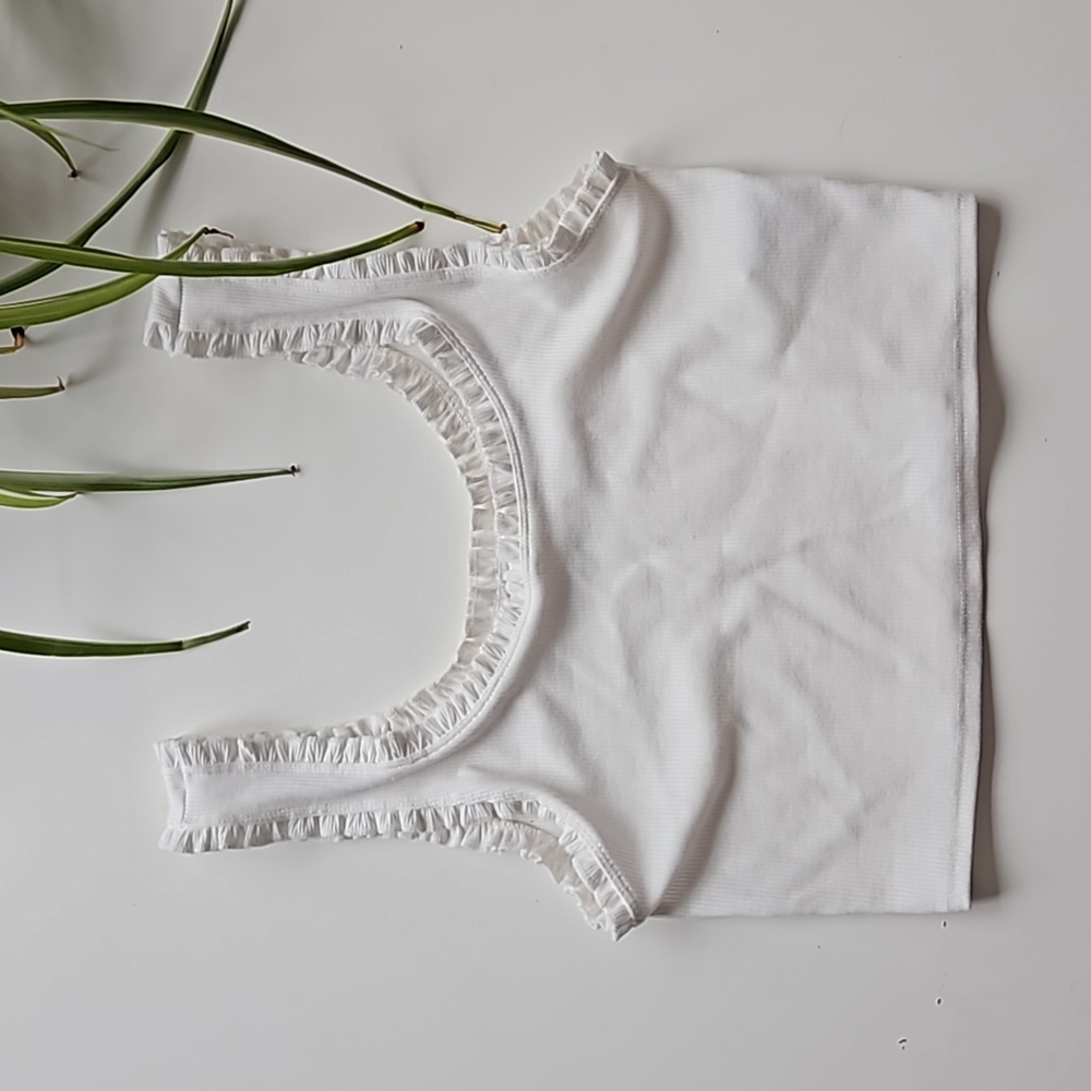 American Eagle Cropped Tank with Ruffles in White